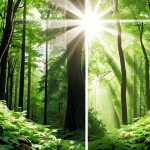 **

A split image. On one side, a classic stock chart showing upward trends, but with a faded, less vibrant color palette. On the other side, a lush green forest with sunlight streaming through the trees. The two sides are subtly merging, with financial symbols ($, €, etc.) appearing as leaves on the trees. The overall feeling should be "growth with responsibility."

**