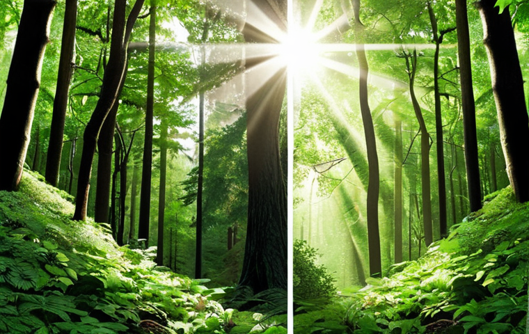 **
A split image. On one side, a classic stock chart showing upward trends, but with a faded, less vibrant color palette. On the other side, a lush green forest with sunlight streaming through the trees. The two sides are subtly merging, with financial symbols ($, €, etc.) appearing as leaves on the trees. The overall feeling should be "growth with responsibility."
**