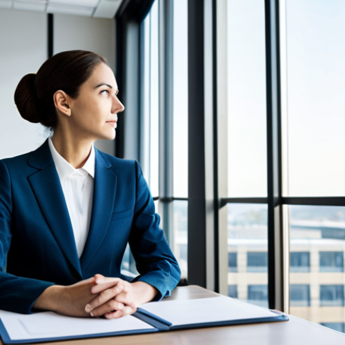 Home 9 A professional investor in a modest business suit, sitting calmly at a sleek desk in a modern, well-lit office. The subject is gazing out a large window towards a distant, clear horizon, symbolizing long-term vision and strategic foresight. The office environment is orderly and inspires tranquility. Fully clothed, appropriate attire, safe for work, perfect anatomy, natural proportions, professional dress, natural pose, well-formed hands, proper finger count, natural body proportions, high quality, professional photography, appropriate content, family-friendly.