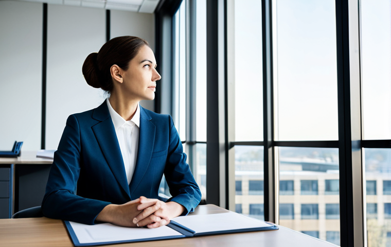 A professional investor in a modest business suit, sitting calmly at a sleek desk in a modern, well-lit office. The subject is gazing out a large window towards a distant, clear horizon, symbolizing long-term vision and strategic foresight. The office environment is orderly and inspires tranquility. Fully clothed, appropriate attire, safe for work, perfect anatomy, natural proportions, professional dress, natural pose, well-formed hands, proper finger count, natural body proportions, high quality, professional photography, appropriate content, family-friendly.