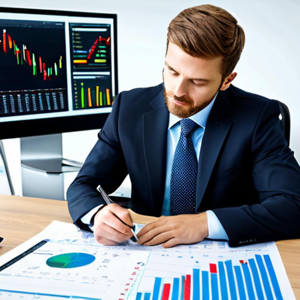 Fundamental Analysis & Growth**
"A well-lit, professional photo of a financial analyst, fully clothed in business attire, studying company reports and stock charts at a clean desk in a modern office. He is surrounded by graphs showing upward trends and company logos. The background subtly features green plants and a world map. This image should evoke the feeling of insightful investing and long-term growth, safe for work, appropriate content, perfect anatomy, natural proportions, professional, high quality, modest."
**