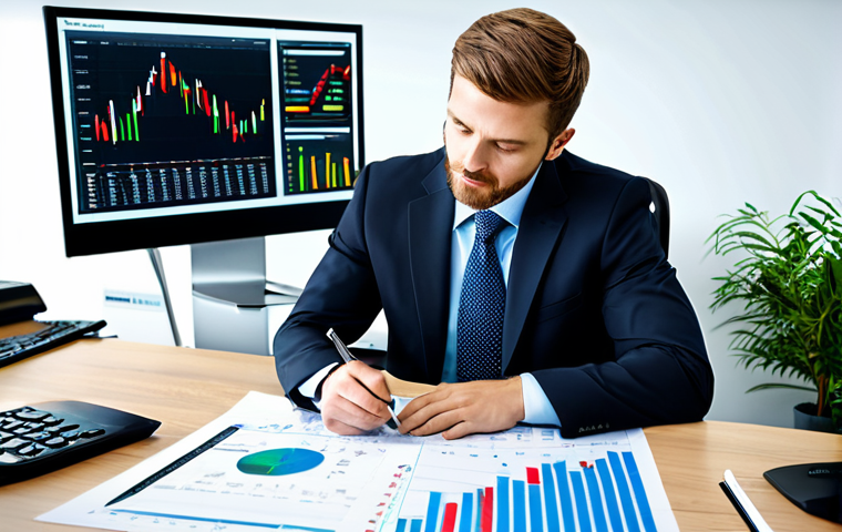 Fundamental Analysis & Growth**
"A well-lit, professional photo of a financial analyst, fully clothed in business attire, studying company reports and stock charts at a clean desk in a modern office. He is surrounded by graphs showing upward trends and company logos. The background subtly features green plants and a world map. This image should evoke the feeling of insightful investing and long-term growth, safe for work, appropriate content, perfect anatomy, natural proportions, professional, high quality, modest."
**