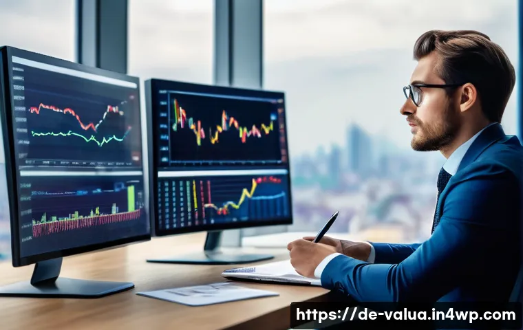 가치투자의 행동 경제학 - A professional investor in a modern office setting, thoughtfully analyzing stock market charts on mu...