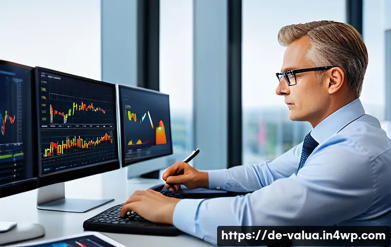 가치투자 필수 지식 DCF 분석 - A professional office setting showing a business analyst at a desk, surrounded by multiple computer ...