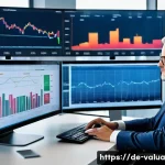Home 23 가치투자와 정서적 투자 결정 - A professional middle-aged German investor sitting calmly at a modern office desk filled with financ...