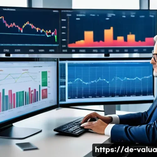 Home 17 가치투자와 정서적 투자 결정 - A professional middle-aged German investor sitting calmly at a modern office desk filled with financ...