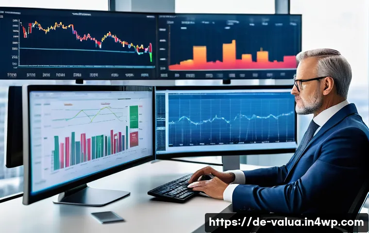 가치투자와 정서적 투자 결정 - A professional middle-aged German investor sitting calmly at a modern office desk filled with financ...