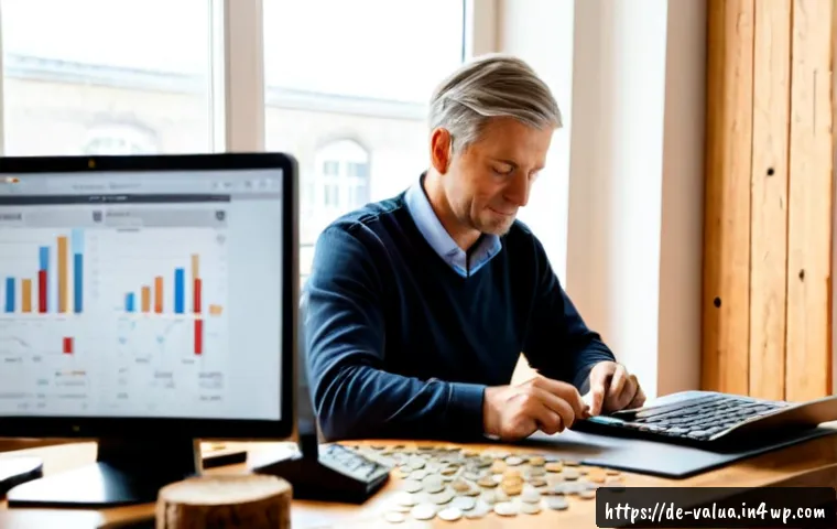 가치투자와 시장의 비효율성 - Photorealistic value investing concept, mature German investor in a calm Frankfurt home office caref...
