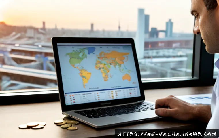 Home 28 가치투자 시 고려해야 할 글로벌 이슈 - Photorealistic value investing workspace for a German investor, mature professional reviewing unlabe...